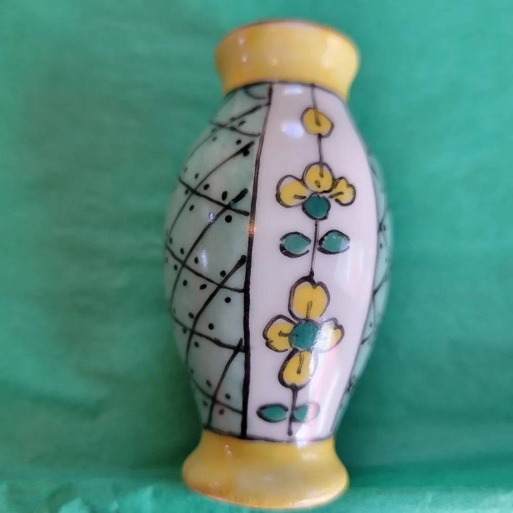 Limoges Vintage Mini Vase ~ Made in France ~ Pretty Green w/ Yellow Flowers